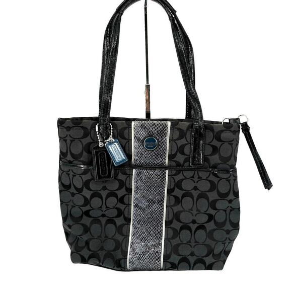 Coach Signature Jacquard Python Stripe Tote Black Canvas & Leather Shoulder Bag - Picture 1 of 13
